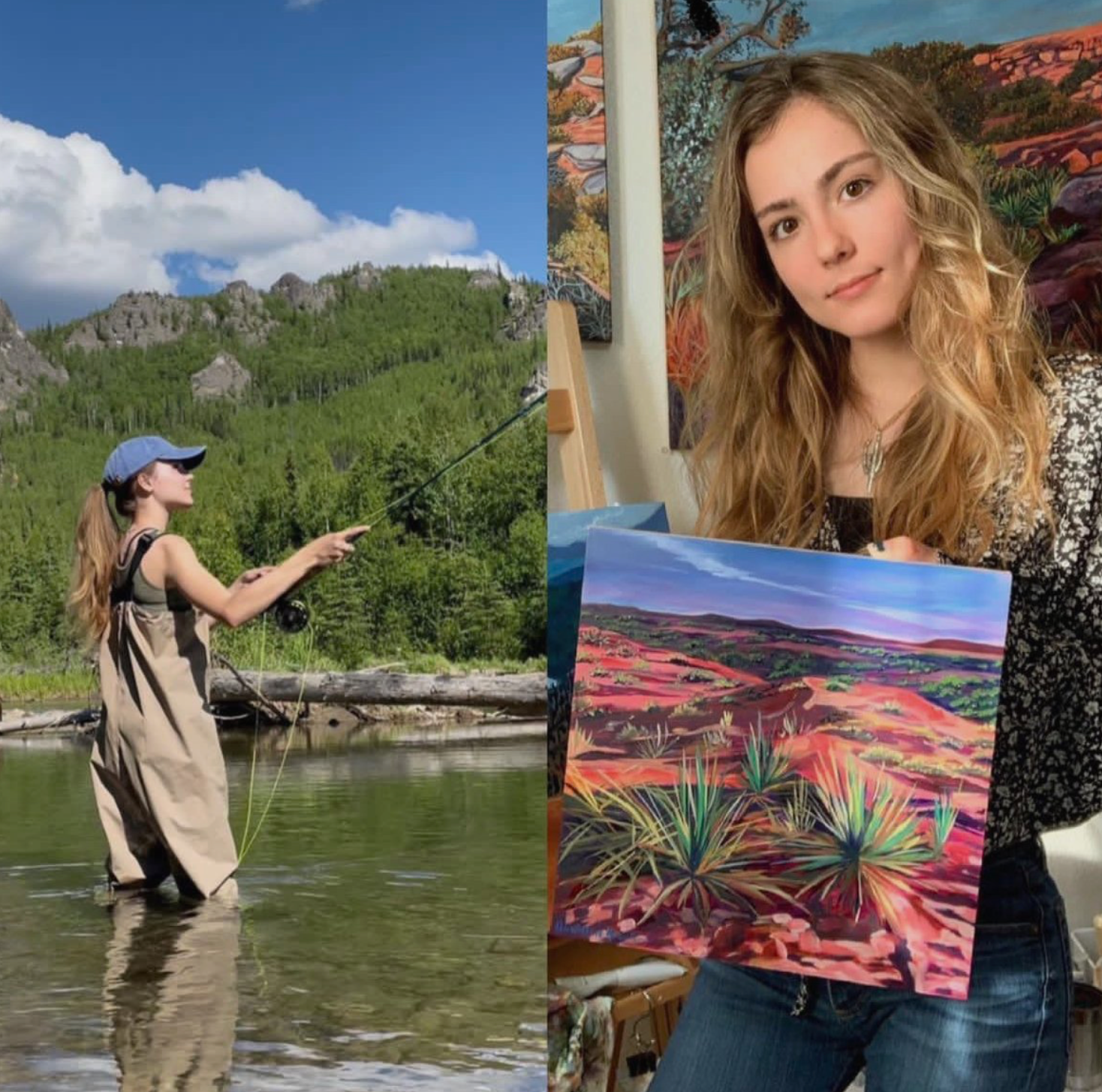 Artist AnnMarie Young fishing and shown holding a landscape painting