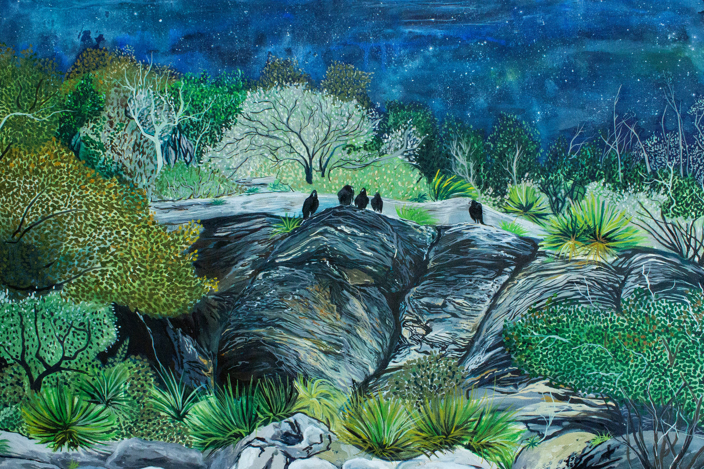 A painting inspired by Van Gogh showing a rocky landscape with five black birds perched on a large rock formation. By artist AnnMarie Henderson.