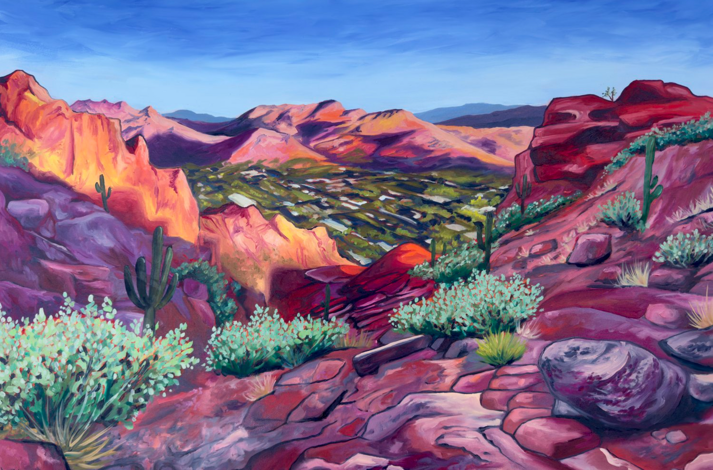 A colorful landscape painting of Camelback Mountain in Arizona by artist AnnMarie Henderson