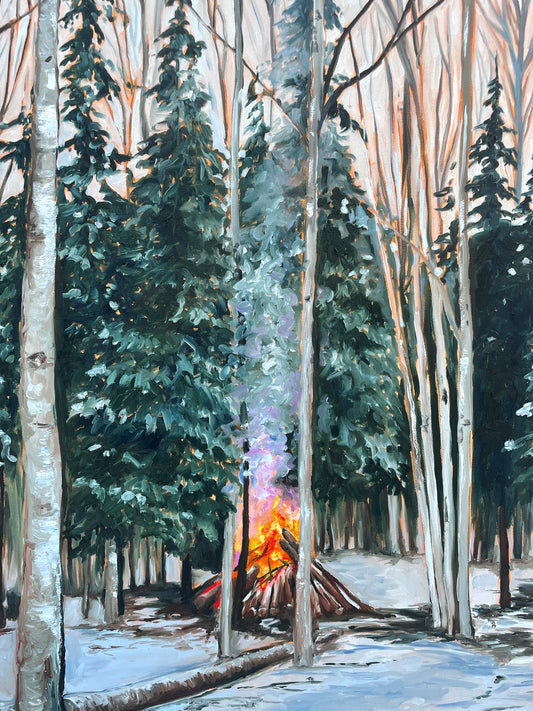 a painting of a rustic campfire in a snowy wooded clearing in Alaska by artist AnnMarie Henderson