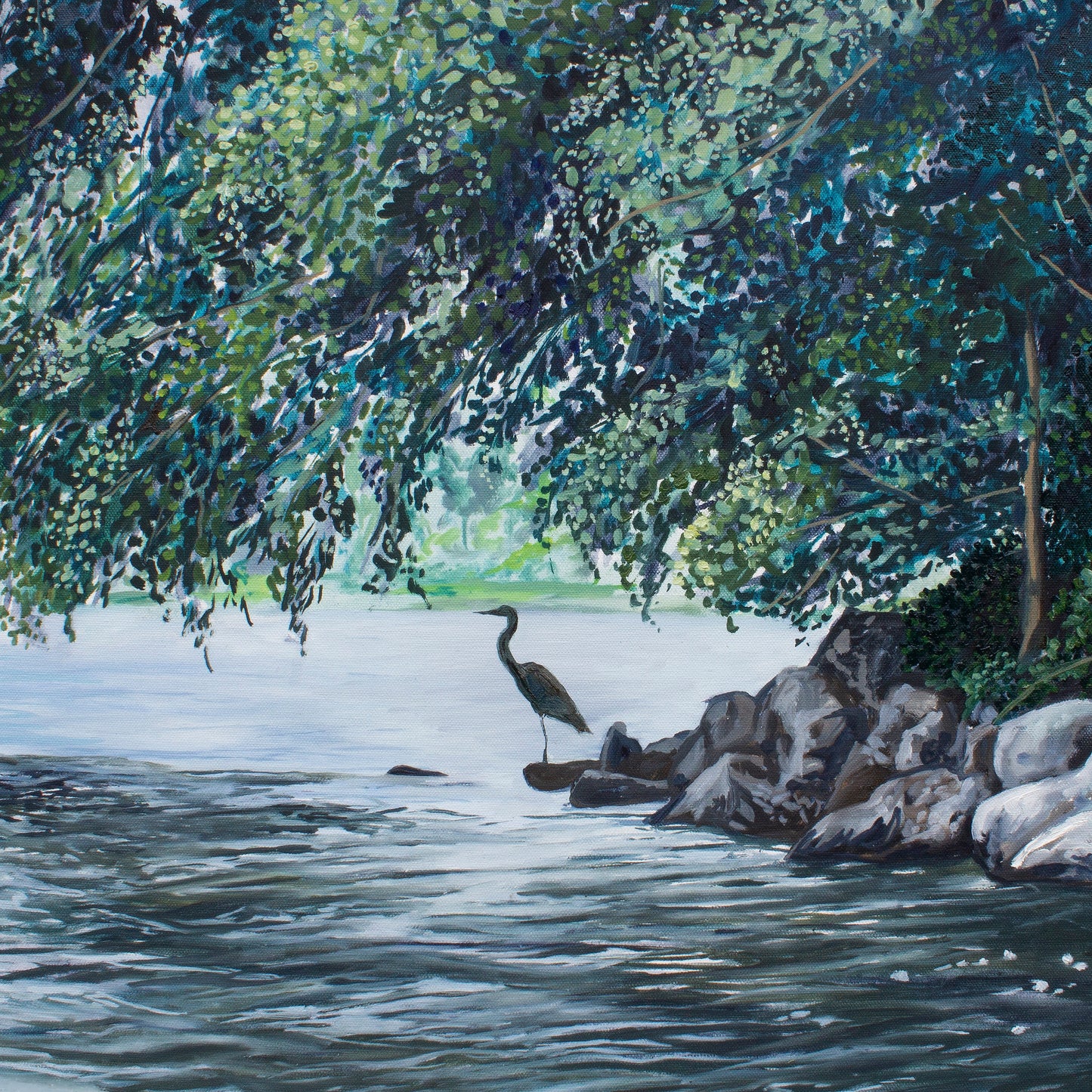 Painting of a blue heron fishing along a body of water by artist AnnMarie Henderson