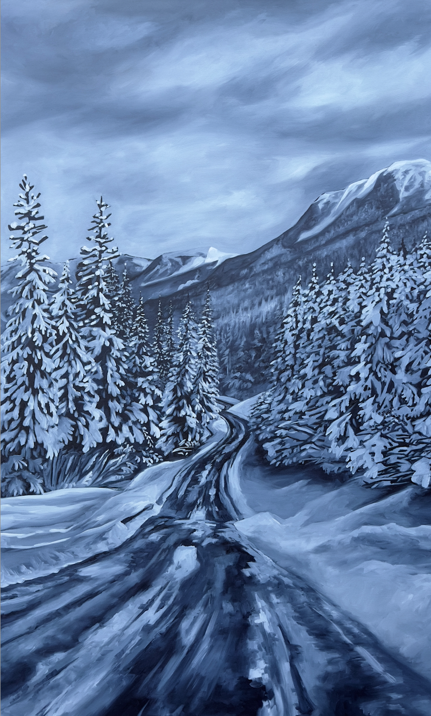 Painting showing a snowy road through the mountains in Alaska by artist AnnMarie Henderson