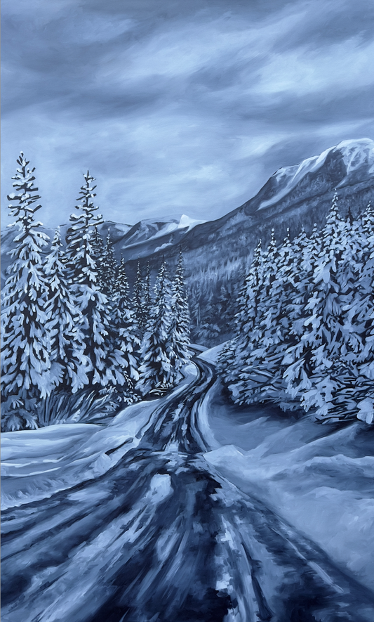 Painting showing a snowy road through the mountains in Alaska by artist AnnMarie Henderson