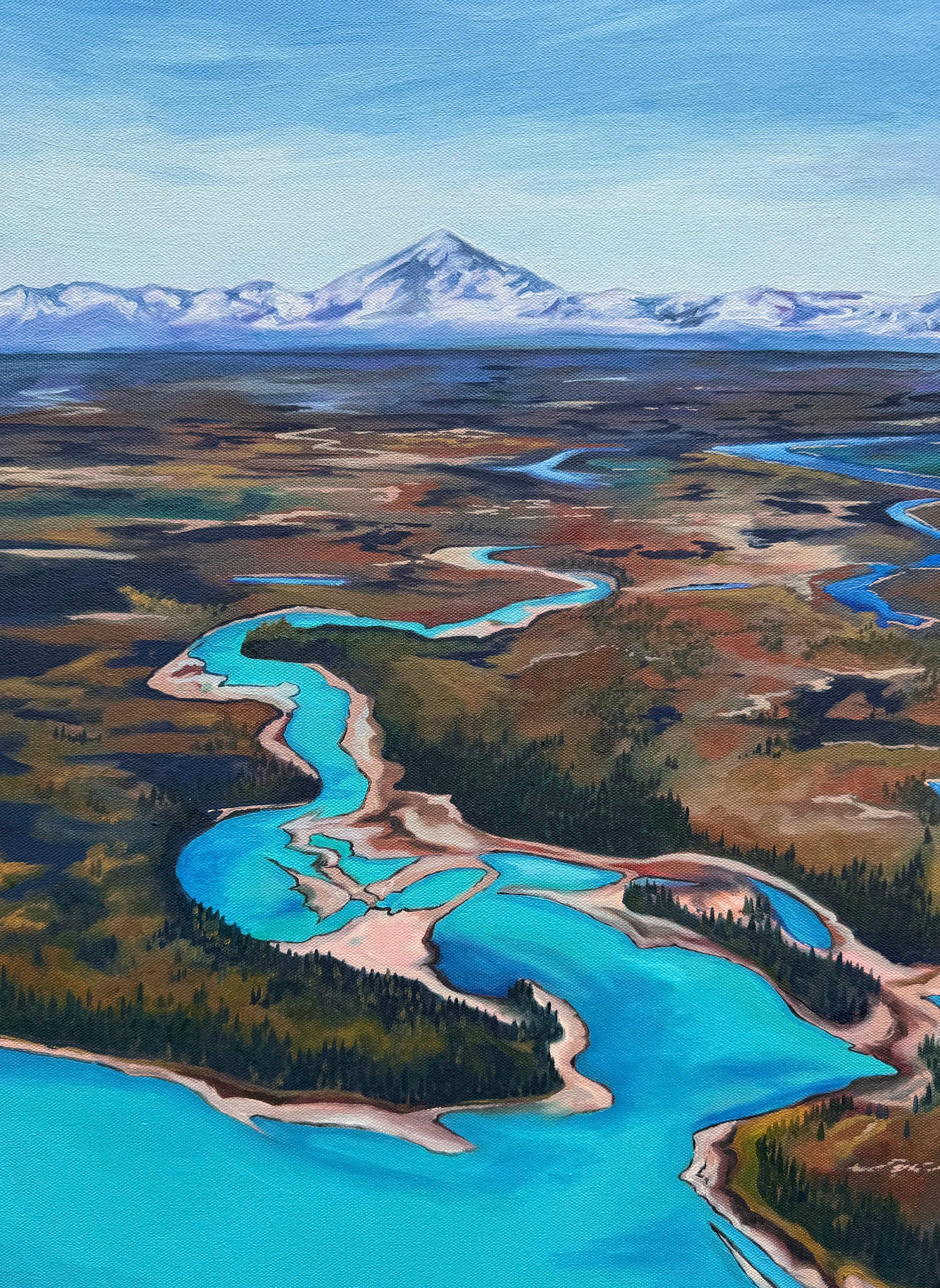 Painting of Alaskan landscape showing bright blue water weaving through a green and brown landscape with a large mountain in the background. By artist AnnMarie Henderson