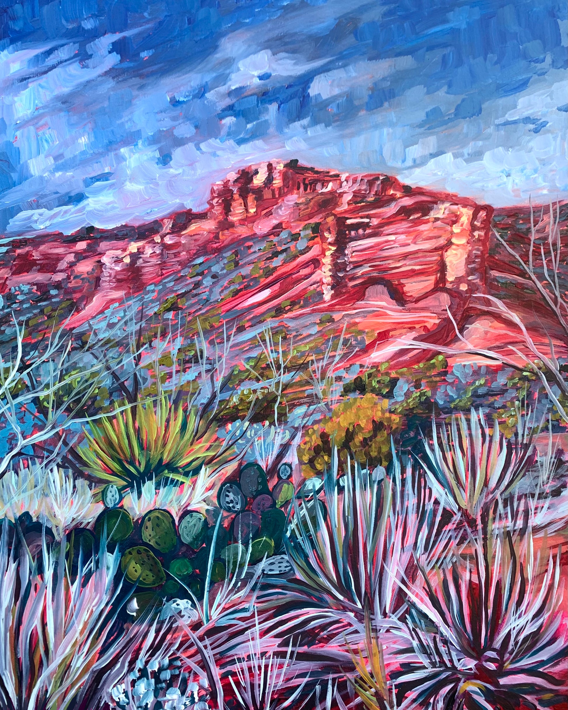 Colorful landscape of red rock formation with plants and cacti in the foreground by artist AnnMarie Henderson