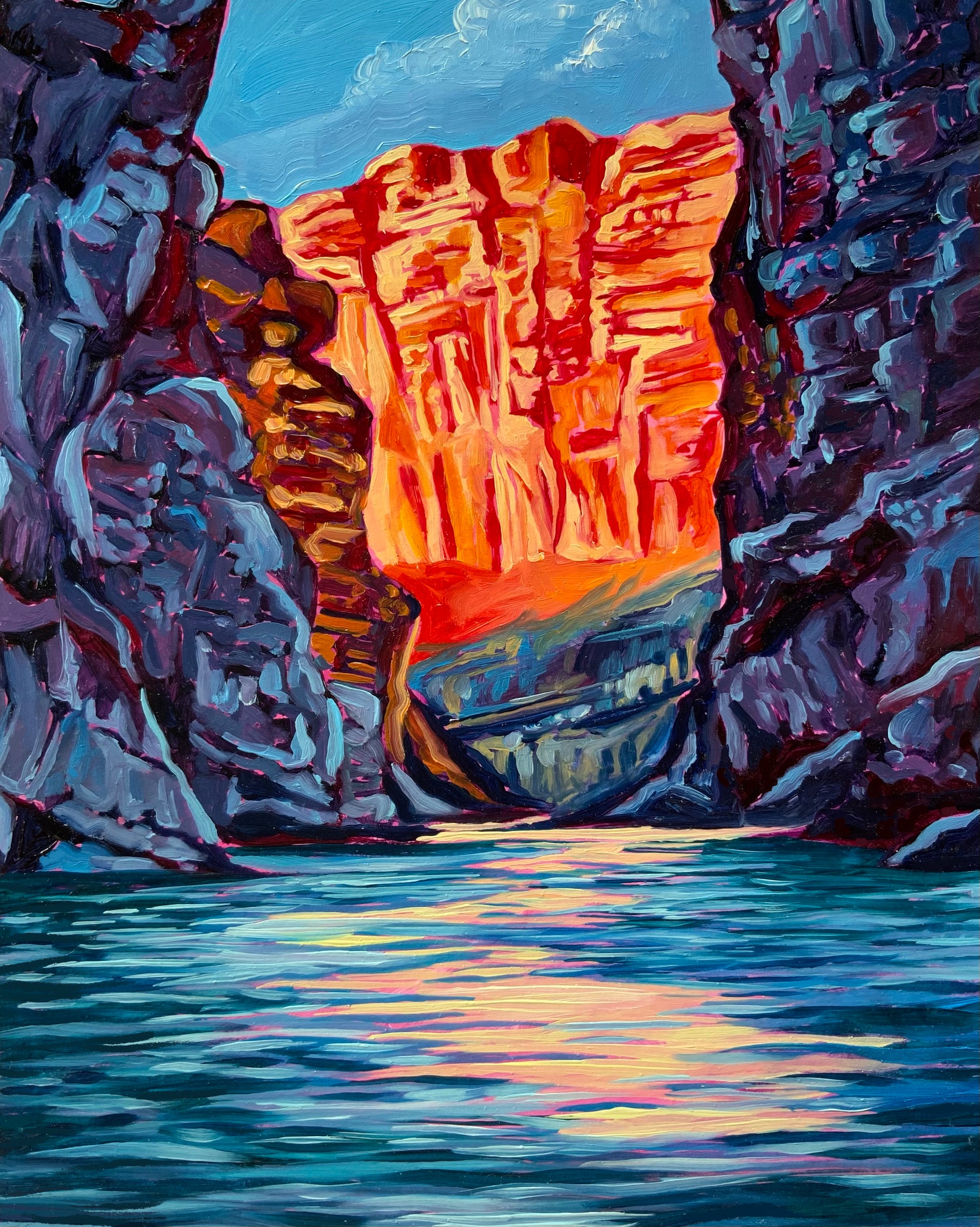 Painting of a bright red/orange rock formation peeking between two larger cliff faces over a reflective body of water, colorful painting by artist AnnMarie Henderson