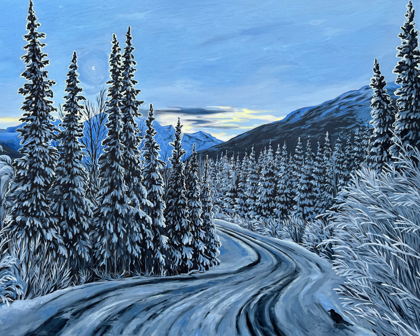 painting showing a snowy road to Eklutna in Anchorage, Alaska by artist AnnMarie Henderson