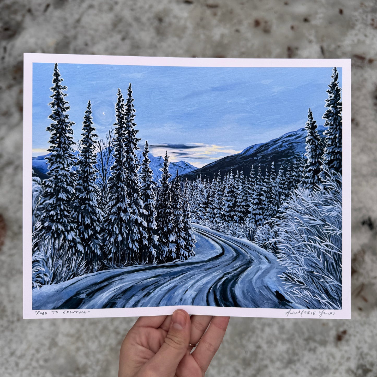 painting showing a snowy road to Eklutna in Anchorage, Alaska by artist AnnMarie Henderson