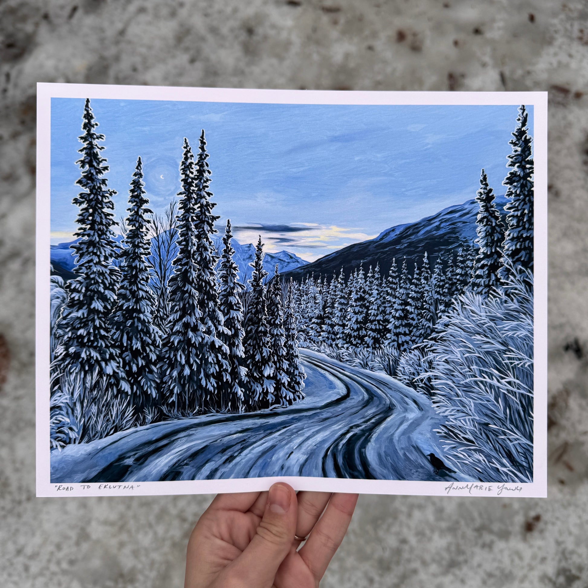 painting showing a snowy road to Eklutna in Anchorage, Alaska by artist AnnMarie Henderson