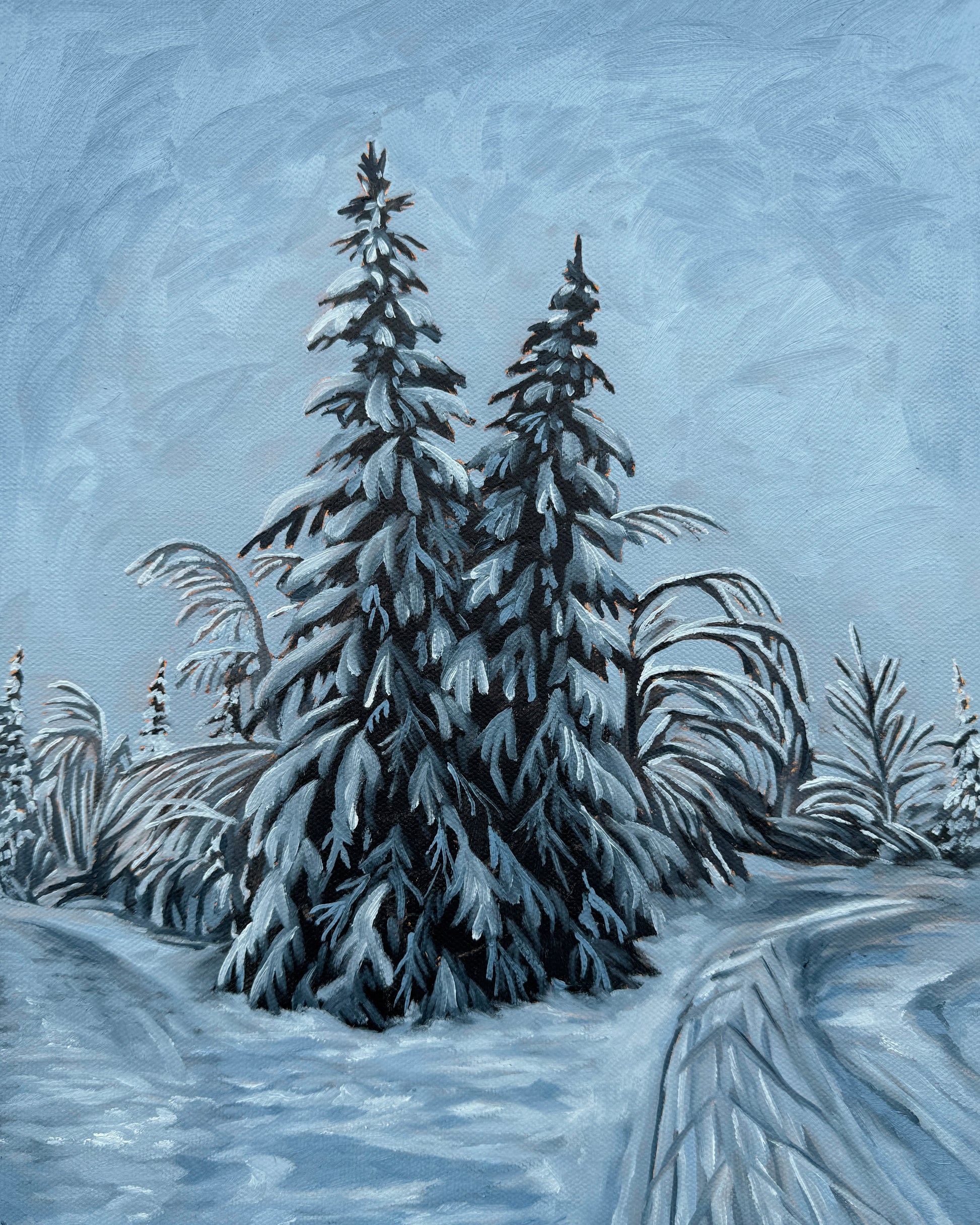 Painting showing cross country ski trails in a snowy Alaskan landscape, by artist AnnMarie Henderson