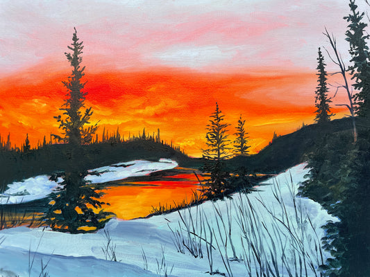 painting of snowy landscape with the sun setting over a river in Alaska by artist AnnMarie Henderson