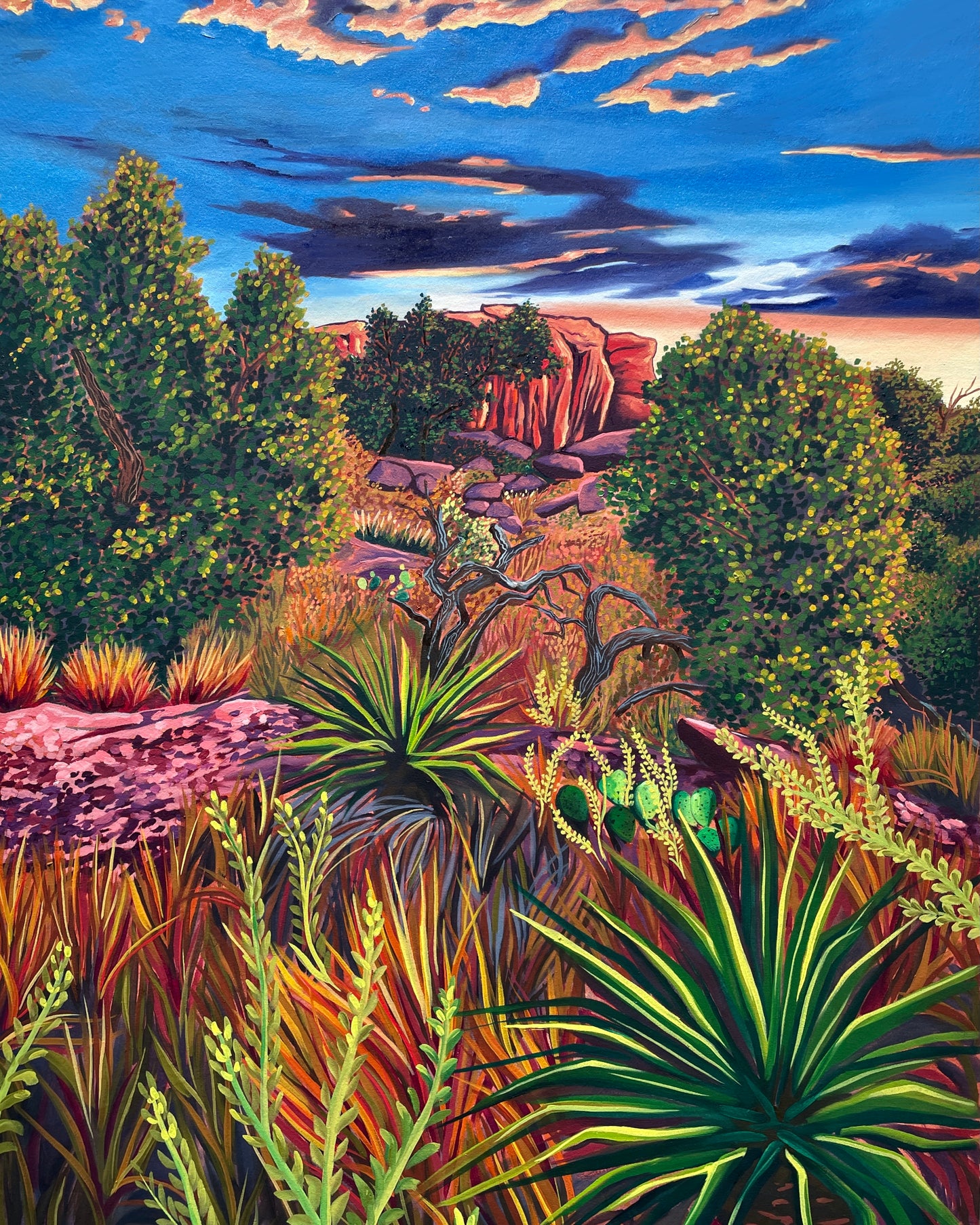 Colorful painting of plants and trees growing in Texas, with a rocky ridge in the background. By artist AnnMarie Henderson.