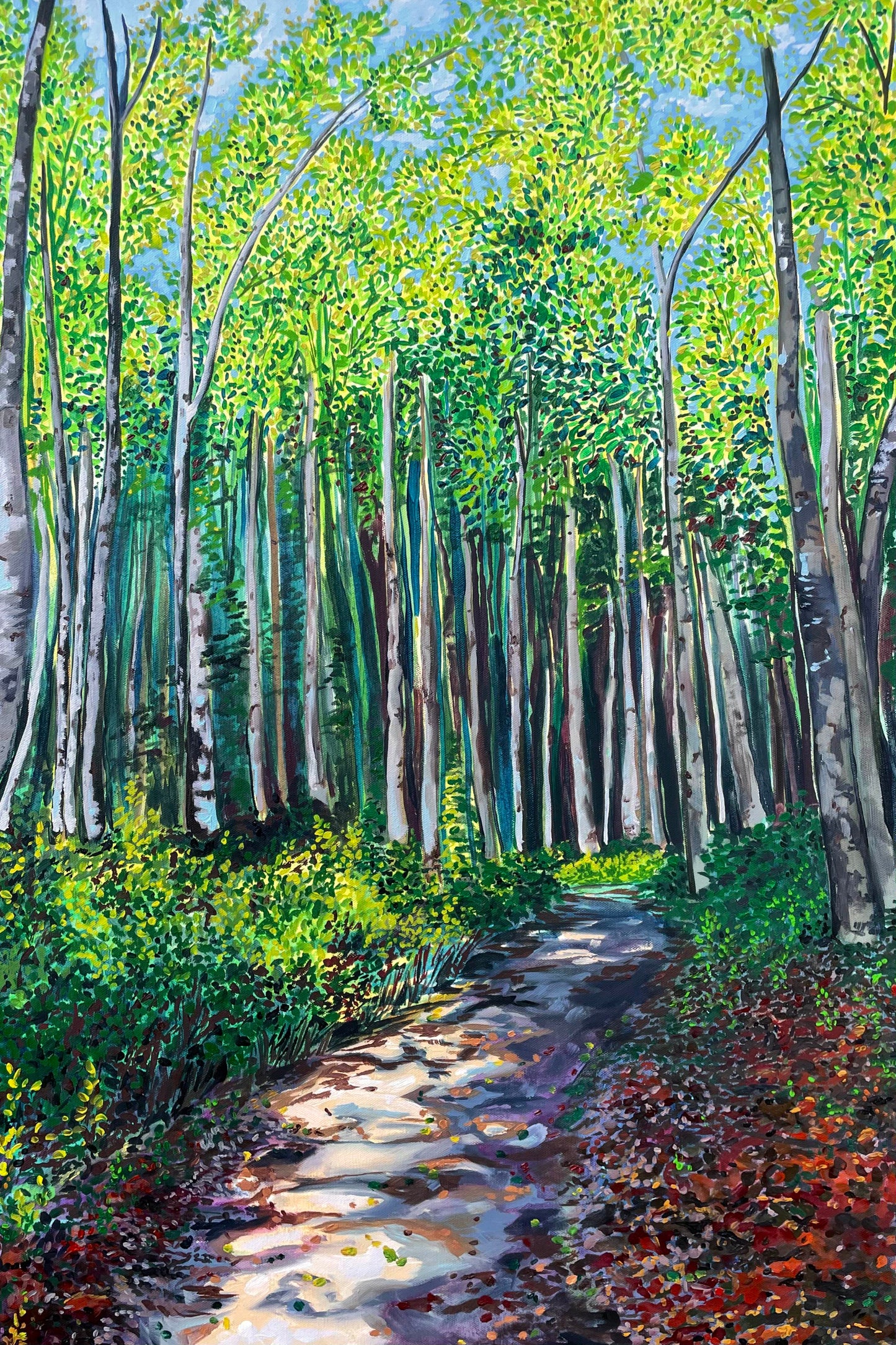 Colorful painting showing a small path through a forest of tall trees in Alaska by artist AnnMarie Henderson