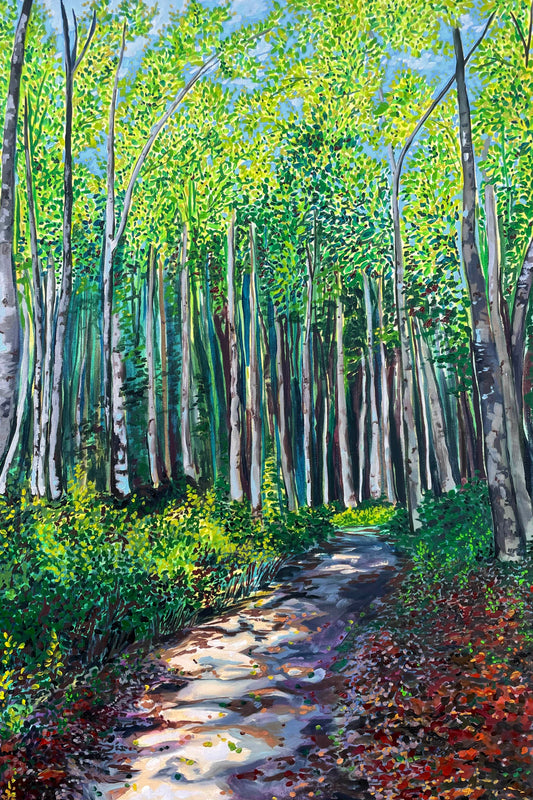 Colorful painting showing a small path through a forest of tall trees in Alaska by artist AnnMarie Henderson