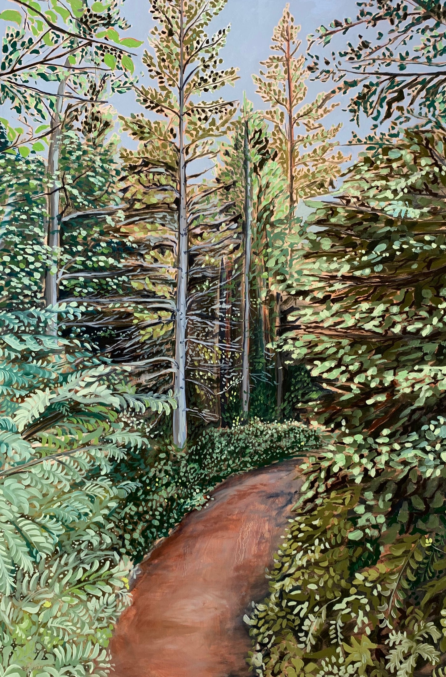 A painting of a path through the woods in Alaska by artist AnnMarie Henderson