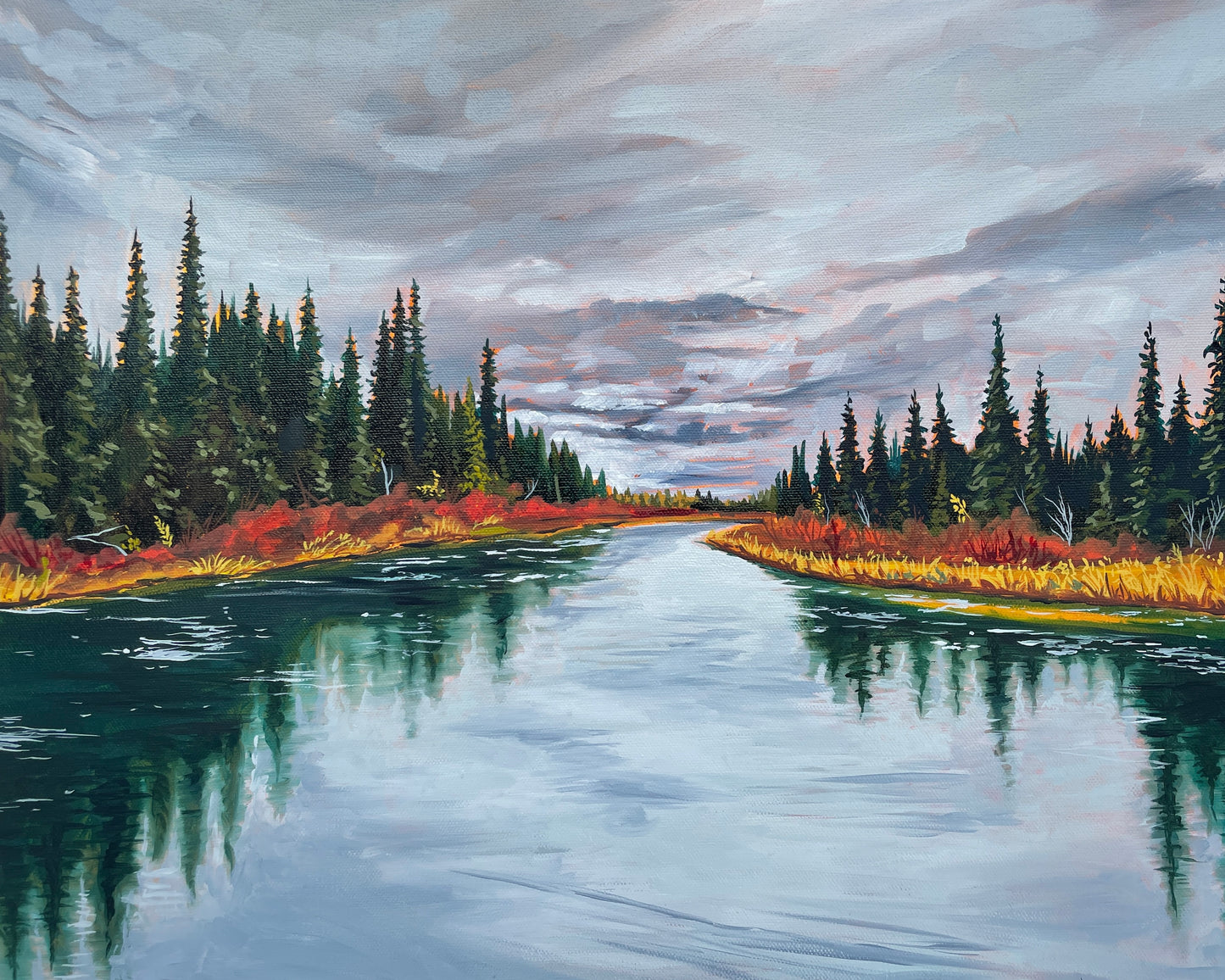 landscape of evergreen trees lining either side of a glassy river, painting by artist AnnMarie Henderson