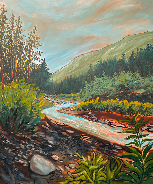 A painting of Crow Creek in the Chugach Mountains of Alaska. A colorful landscape painting inspired by VanGogh by artist AnnMarie Henderson