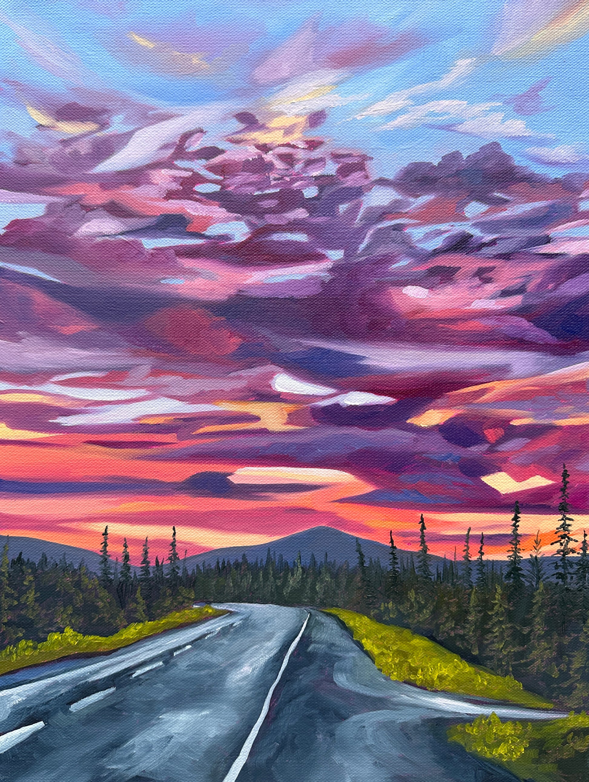 A print of a painting depicting a sunset over an Alaskan road. Colorful landscape painting by AnnMarie Henderson