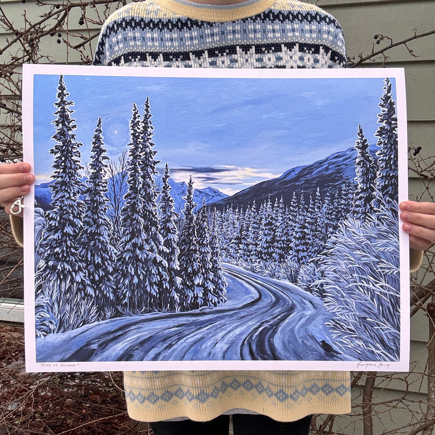 painting showing a snowy road to Eklutna in Anchorage, Alaska by artist AnnMarie Henderson